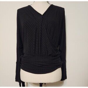 Free People Plunge Back Black Ribbed  Stretchy Wrap Blouse Top Sz S